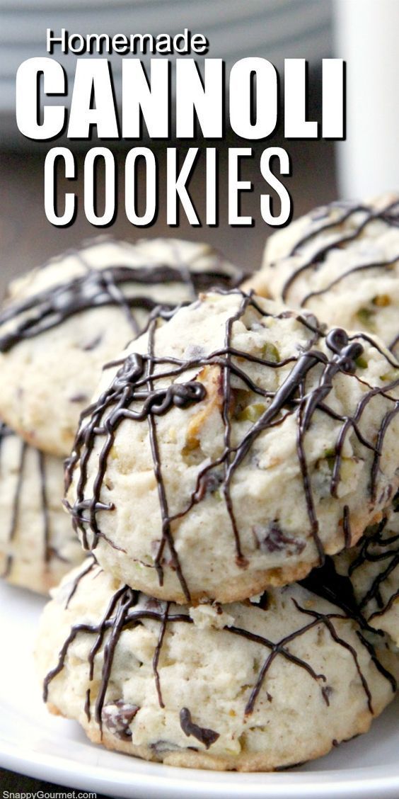 homemade cannoli cookies with chocolate drizzled on top and stacked on a white plate