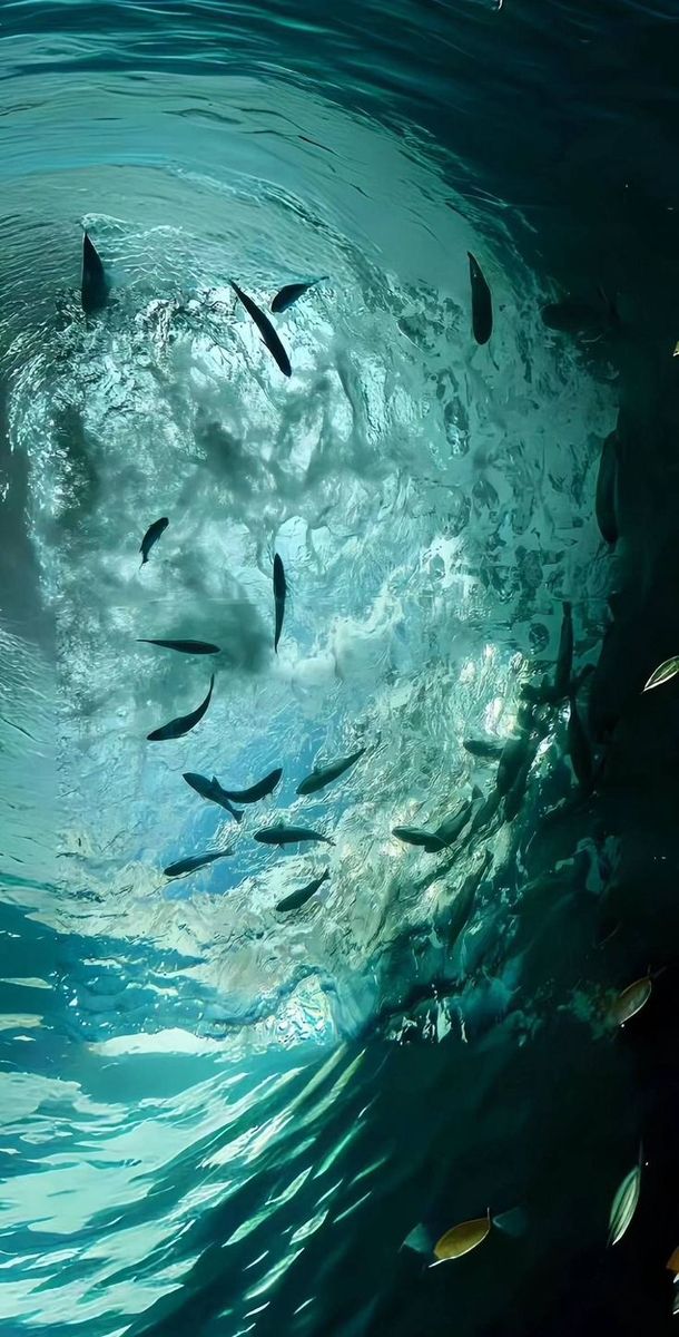 a large group of fish swimming in the ocean