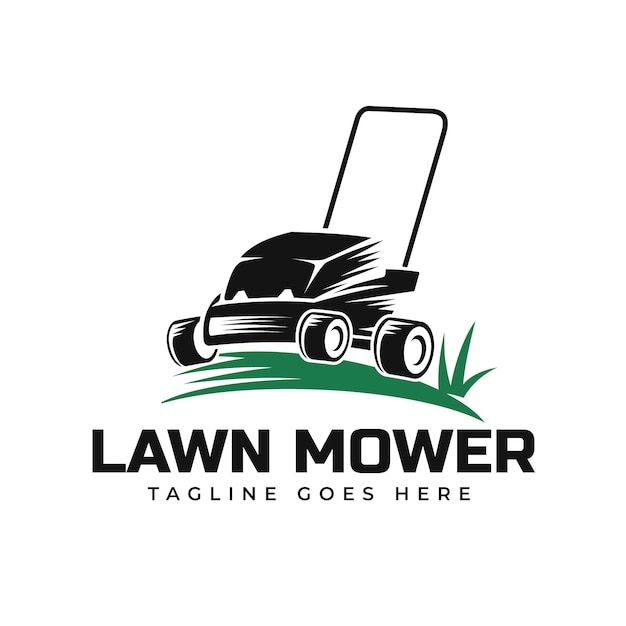 lawn mower logo design with grass and the word lawn mower on it's side