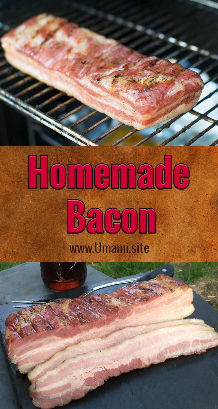 bacon is being cooked on the grill with text overlay that reads, homemade bacon