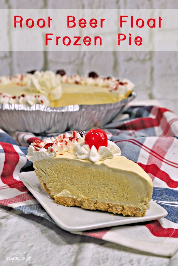 a slice of root beer float frozen pie on a plate with the rest of the pie in the background