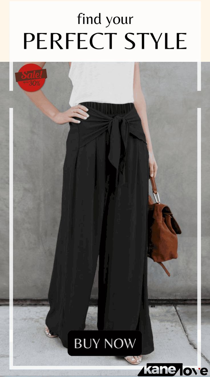 Tie Knot Wide Leg Pants Fall Tie Waist Bottoms For Day Out, Fall Bottoms With Tie Waist For Day Out, Chic Solid Color Bottoms For Day Out, Fall Day Out Bottoms With Tie Waist, Trendy Solid Bottoms With Tie Waist, Black Wide-leg Pants With Tie Waist, Black Wide Leg Pants With Tie Waist, Day Out Pants With Elastic Waistband, Versatile Solid Bottoms With Tie Waist