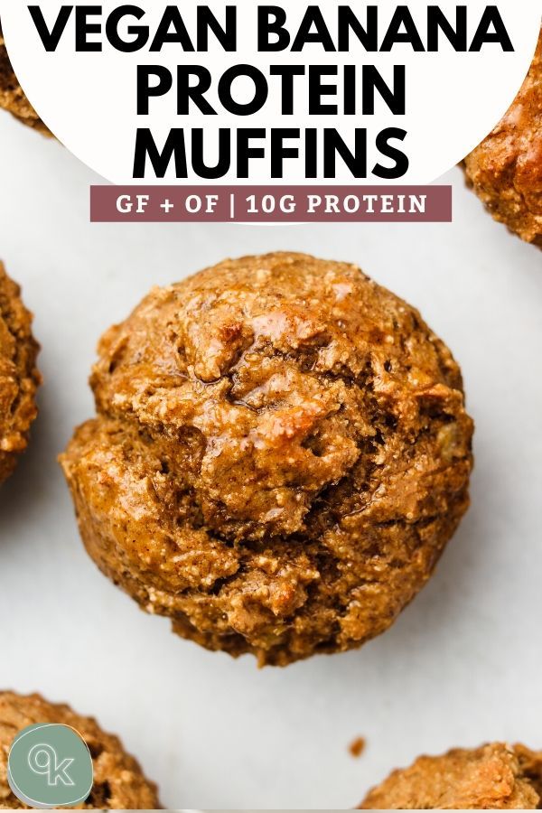 vegan banana protein muffins on a white surface with the title overlay