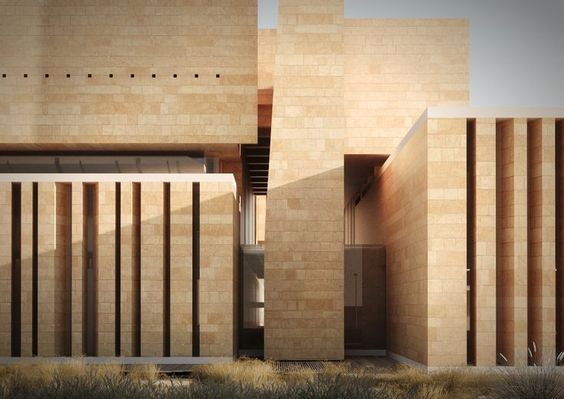 an architectural rendering of a building made out of wood and stone with vertical slats on the facade