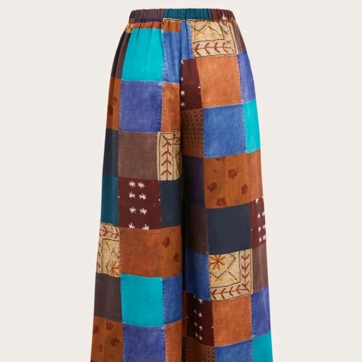 Patchwork Print Wide Leg Pants 100% Polyester Patch Work Pants, Stylish Pants Women, Youtuber Dr, Patchwork Pants, Fabric Patchwork, Women Bottoms, Cheap Fabric, Printed Wide Leg Pants, Patchwork Print