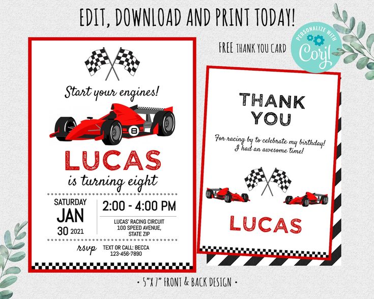 a red race car birthday party with thank you card and free printables on the front