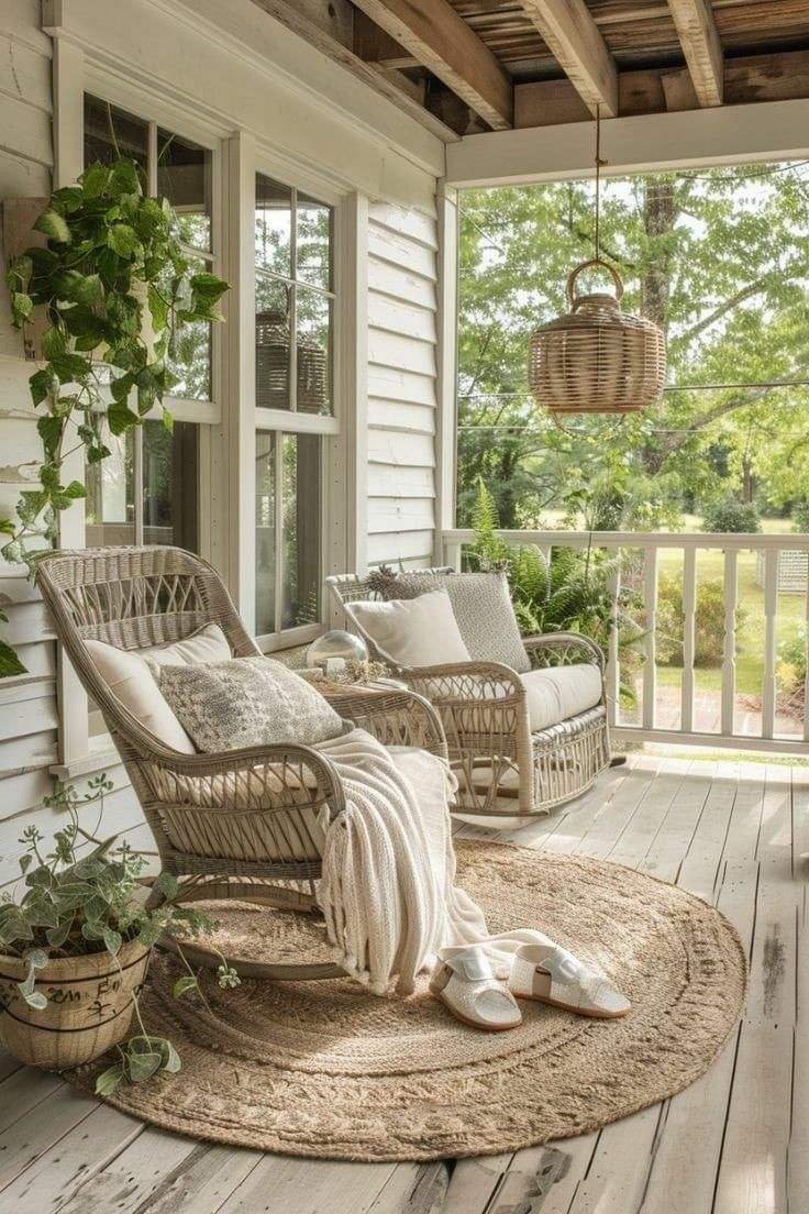 an outdoor porch with wicker furniture and plants