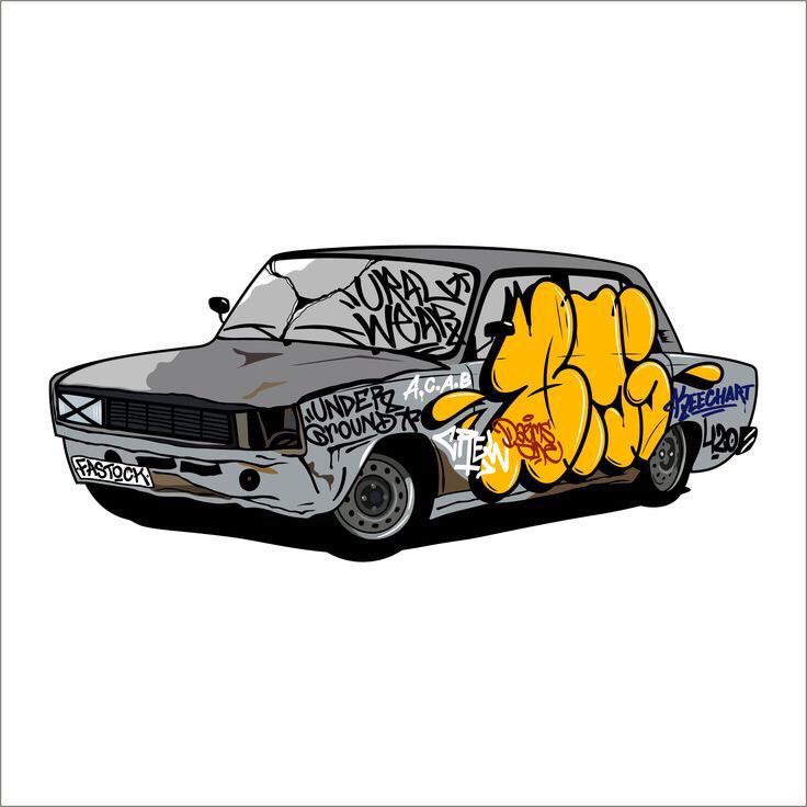 an old car with graffiti on it and some yellow bananas painted on the front bumper