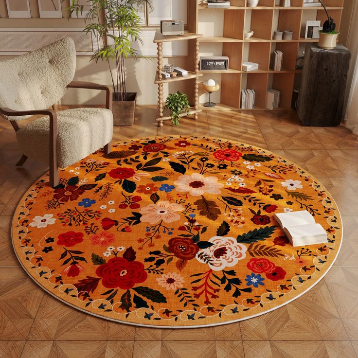 a living room area with a chair, rug and bookshelf on the floor