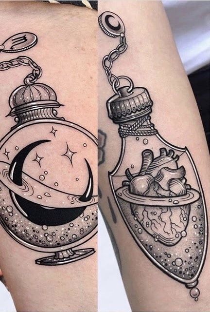 two pictures of tattoos with different designs on them