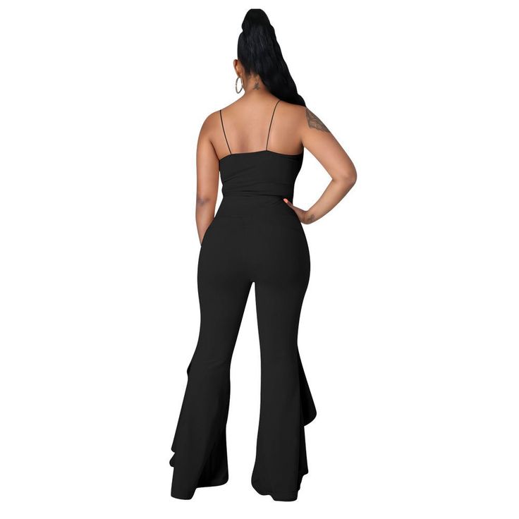 Spaghetti Strap Crop Top+ruffles Flared Pants Set Party Jumpsuits And Rompers With Ruffles, Fall Party Pants In Solid Color, Flirty Ruffle Hem Jumpsuits And Rompers For Party, Party Flirty Jumpsuits And Rompers With Ruffle Hem, Flirty Party Jumpsuits And Rompers With Ruffle Hem, Spring Stretch Jumpsuits And Rompers With Ruffles, Spring Jumpsuits And Rompers With Stretch And Ruffles, Ruffled Bottoms For Spring Date Night, Ruffled Bottoms For Date Night In Spring