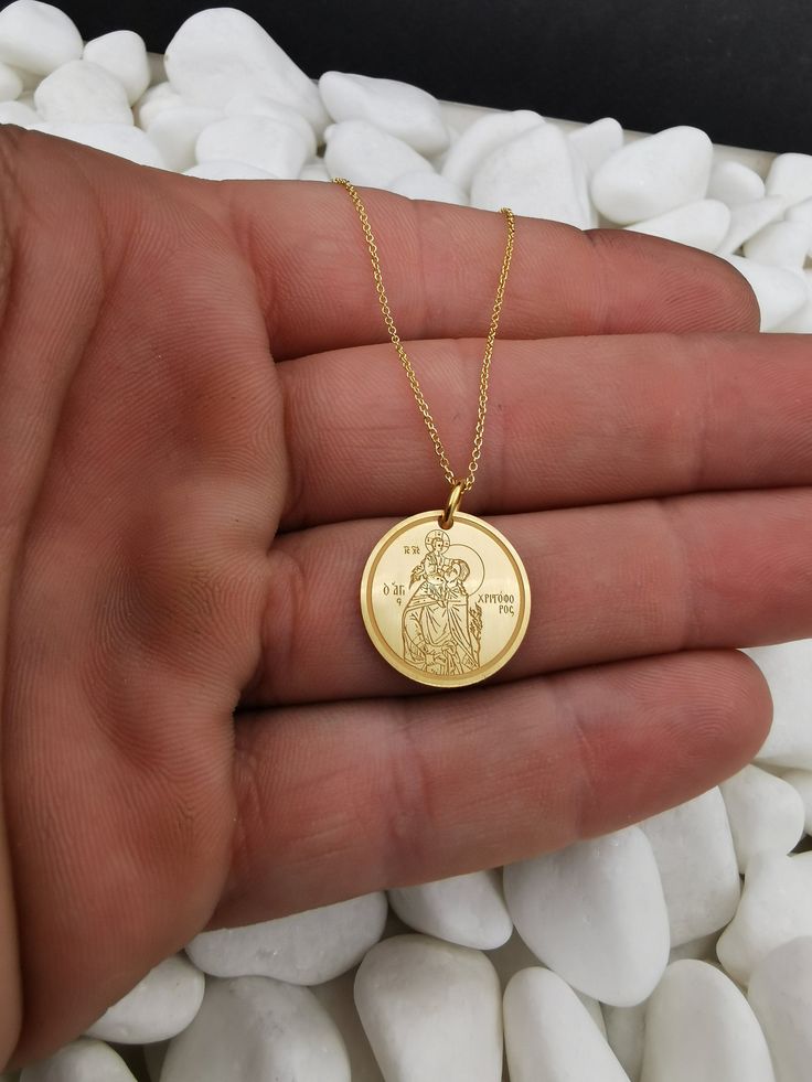 "14k Solid Gold Saint Christopher Necklace, Traveler's Protection Necklace, Religious Necklace, Greek Jewelry, Personalized Orthodox Pendant 14k Solid Gold Pendant & Chain Pendant's Diameter is 0,65 inches (16,5 mm ♥ Material of pendant and chain: Solid Gold 14K ♥ Packaging: All of our jewelry is beautifully boxed and ready for gifting For more personalized designs take a look here: ♥ www.etsy.com/listing/631444472 ♥ www.etsy.com/listing/645282627 ♥ www.etsy.com/listing/631455364 ♥ www.etsy. Gold Coin Jewelry For Anniversary, 14k Gold Coin Jewelry For Gift, 14k Gold Coin Jewelry Gift, Gold 14k Coin Necklace For Anniversary, 14k Stamped Yellow Gold Coin Necklace Gift, Coin Shaped Charm Necklaces For Gifts, Gold Jewelry With Charms For Commemoration, Yellow Gold Coin Necklace With Charms As Gift, Yellow Gold Coin Pendant Necklace For Gift