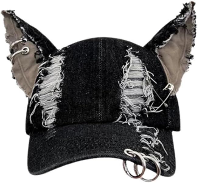 Y2k Iron Ring Trucker Hat Cat Ear Baseball Cap Women Caps Distressed Denim Baseball Cap Grunge Aesthetic Hat (Black) at Amazon Women’s Clothing store Distressed Cap For Streetwear, Distressed Baseball Cap For Streetwear, Distressed Washed Black Baseball Cap, Y2k Hats, Vintage Black Distressed Baseball Cap, Aesthetic Hat, Baseball Cap Women, Distressed Baseball Cap, Denim Baseball Cap