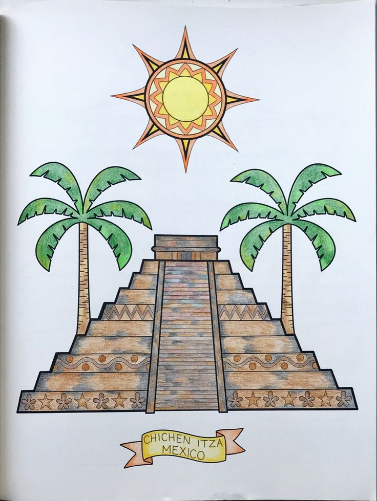 a drawing of an ancient pyramid with two palm trees and a sun above the top