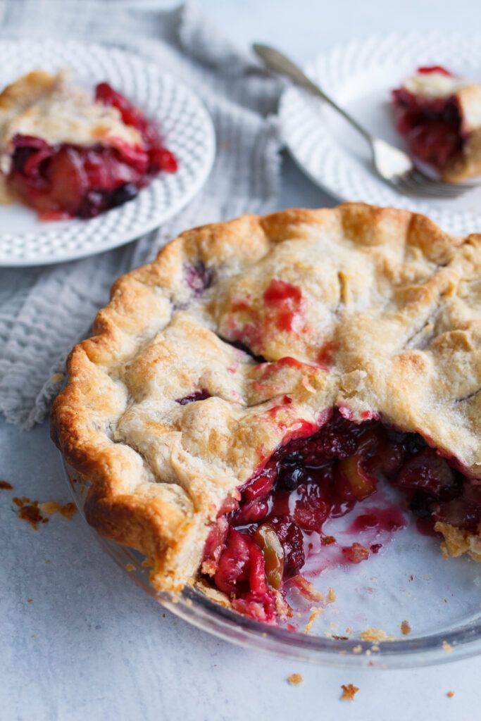 a pie on a plate with one slice missing