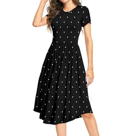 65% Polyester, 30% Cotton, 5% Spandex Materials: Polka Dot 65% Polyester, 30% Cotton, 5% Spandex (except for the polka dot Red and Black Red). Floral and Solid version 95% Rayon, 5% Spandex. Feature: Swing curved hemline, flow as you move. Ladies everyday casual mid length tunic dress, juniors girls dresses, modest scoop neck t-shirt work dress with pockets. Fit and flare style, form classy to casual, easy dress up or down. Occasions: Great choice for date, beach, traval, office, party, teacher, family gathering photoes. It is suitable to wear in spring, summer and fall. 1. Fit and Flare Classic Design: Slim Fitted Tops & Comfortable Stretch Fabric: Highlight women's wonderful chest lines; Cute Pleated Flare Skirt, Swing Curved Hemline Freely; 2. Empire Waist Design: Waistline position is High Low Dress Casual, Junior Girl Dresses, Teacher Dresses, Casual Work Wear, Flowy Midi Dress, Asymmetrical Hem Dress, Casual Tie, Dress Pleated, Dress Knee Length