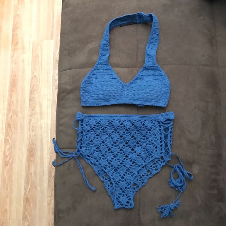 Size Small/Medium. Brand New With Tag On Original Packaging. Crochet High Waist Bikini. Two-Piece Set. Tag Says Medium, But Can Also Fit A Small. For Picture Reference, I Am 5'2", 105lbs And Usually Wear Xs. The Top And Bottoms Are Both Very Big On Me. Tags: High-Waist, High Waisted, High-Waisted, Victoria's Secret, Festival, Rave, Ravewear, Swim, Swimsuit, Swimwear, Bathing Suit, Two Piece, Brandy Melville, Nastygal, Dollskill, American Apparel, Unif, Wildfox, Free People, Urban Outfitters Summer Crochet Halter Neck Swimwear, Blue Summer Crochet Top For Festivals, Blue Crochet Swimwear For Poolside, Fitted Blue Crochet Swimwear, Blue Crochet Swimwear For Beach Season, Crochet Blue Swimwear For Beachwear, Blue Crochet Summer Swimwear, Blue Crochet Beachwear Top For Vacation, Fitted Summer Crochet Top For Poolside