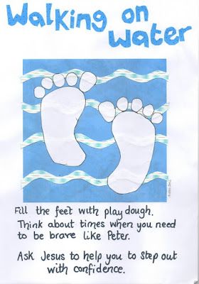 a sign that says walking on water with two feet in the water and an image of a