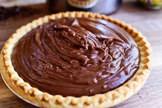 there is a chocolate pie on the table