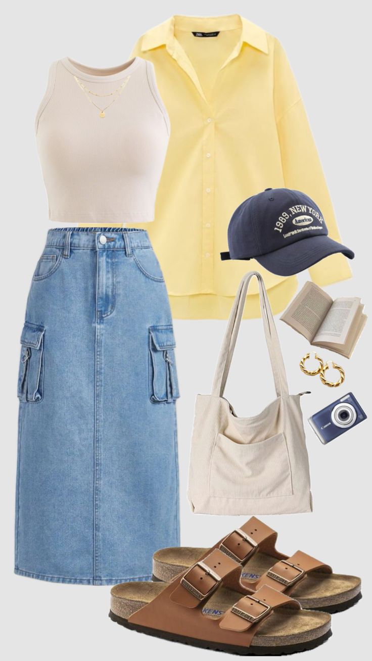 #outfitideas #modestfashion #beachoutfit #aesthetic #modestoutfit #aesthetic #summer #spring #linenshirt #skirt #longjeanskirt #yellow #outfit #christiangirl Looks Total Jeans, Summer Outfits Black Woman, Modesty Outfits, Modest Summer, Cute Modest Outfits, Denim Skirt Outfits, Everyday Fashion Outfits, Yellow Outfit, Neue Outfits