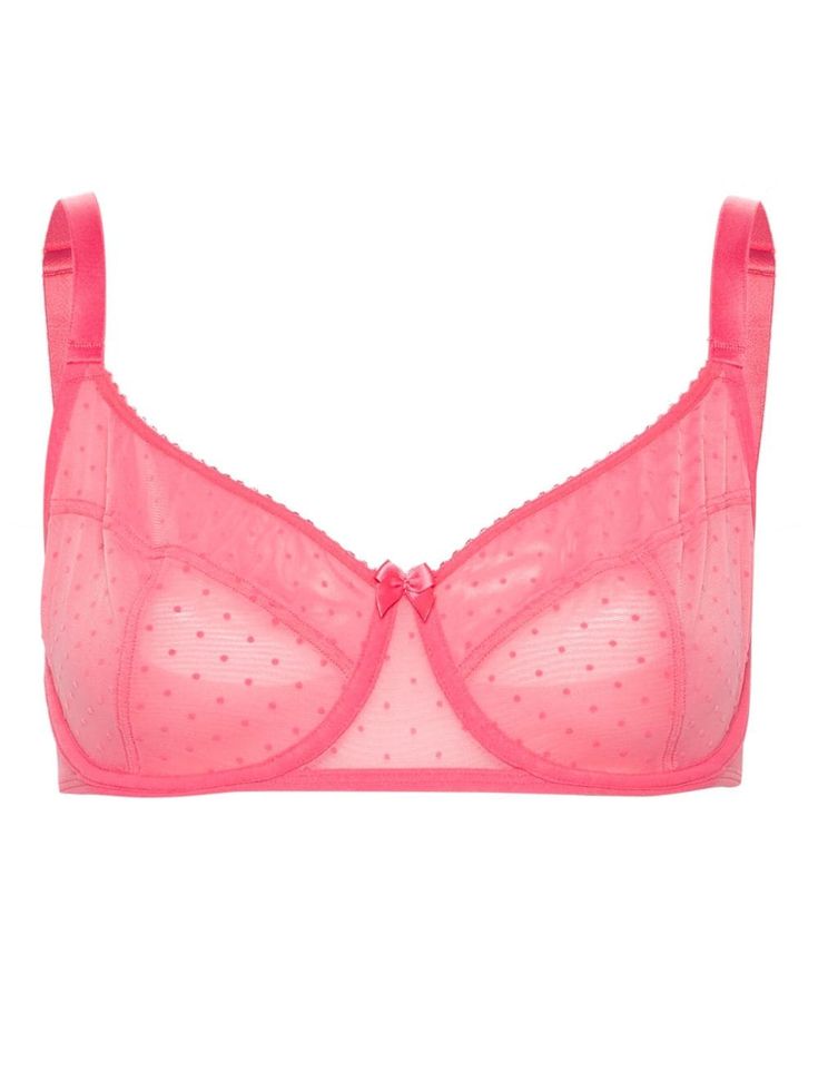 strawberry pink mesh design hook and eye fastening flocked detailing adjustable spaghetti straps bow detailing underwire cup Peekaboo Bra, Pink Sheer Bra, Spring Sheer Pink Bra, Pink Low-cut Bra With Removable Pads, Stretch Low-cut Pink Bra, Feminine Pink Sheer Bra, Bra Items, Strawberry Pink, Planet People