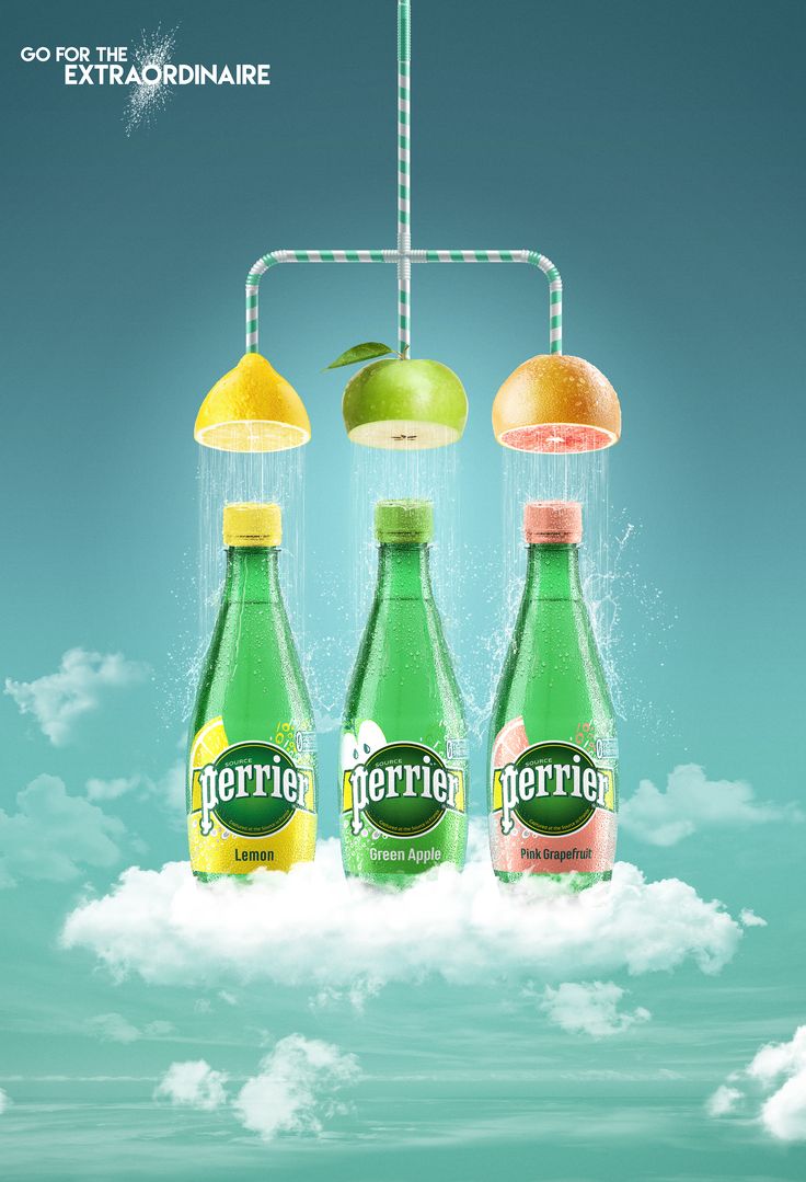 three green bottles with lemons and apples on them floating in the air above clouds