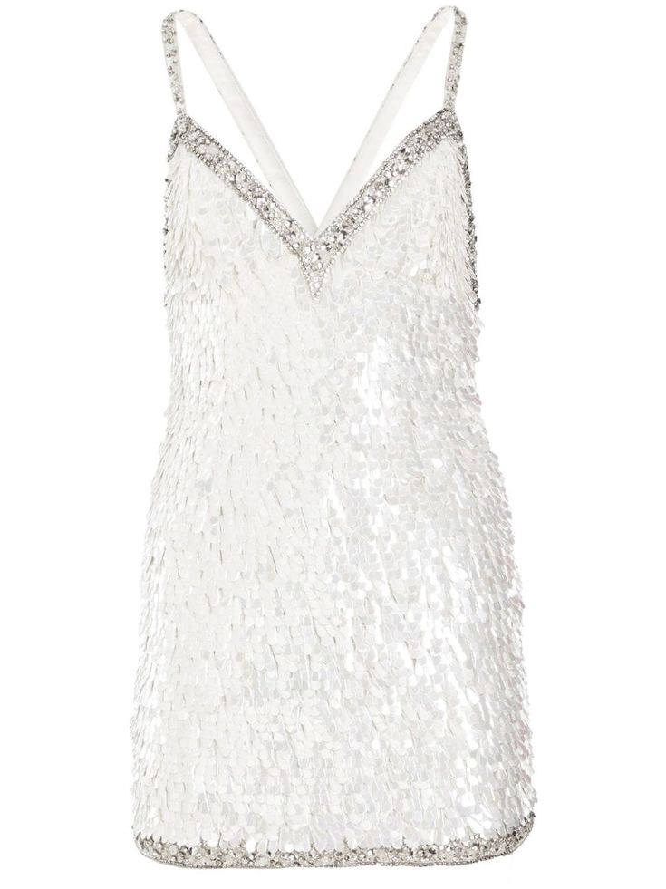 white sequin embellishment crystal embellishment contrasting trim rear criss-cross straps V-neck sleeveless thigh-length straight hem 21st Party, Pleated Gown, Feather Skirt, Embellished Midi Dress, Dinner Room, Sequin Embellishment, Clothing Pieces, Wedding Guest Looks, Contrasting Trim