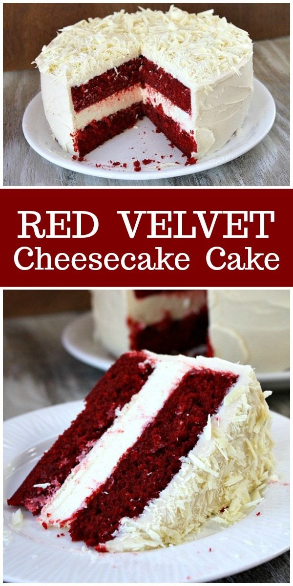 red velvet cheesecake cake with white frosting and layers cut in half on plates