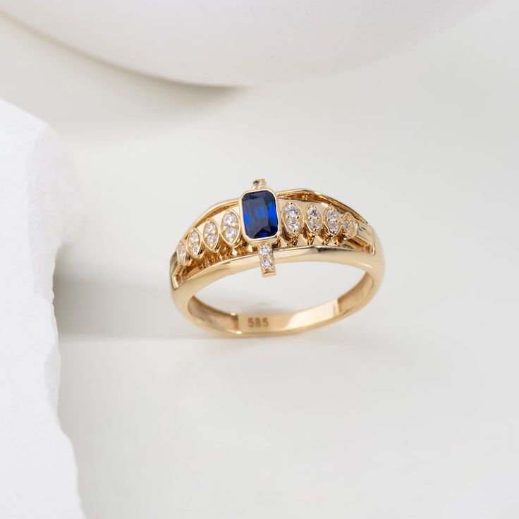 Sapphire Ring, 14K Solid Gold Genuine Sapphire Ring, Emerald Cut Blue Sapphire Ring, Dainty Sapphire Ring, September Birthstone Ring - Etsy Thailand Sapphire 14k Gold Promise Ring, Exquisite Gold Rings With Accent Stones, Elegant Gold Sapphire Ring, Elegant Yellow Gold Topaz Ring Baguette Cut, Timeless Blue Rings With Diamond Accents, Elegant Yellow Gold Topaz Ring With Baguette Cut, Luxury Open Ring With Sapphire, Elegant Gold Wedding Ring With Birthstone, Elegant Diamond Birthstone Ring For Anniversary