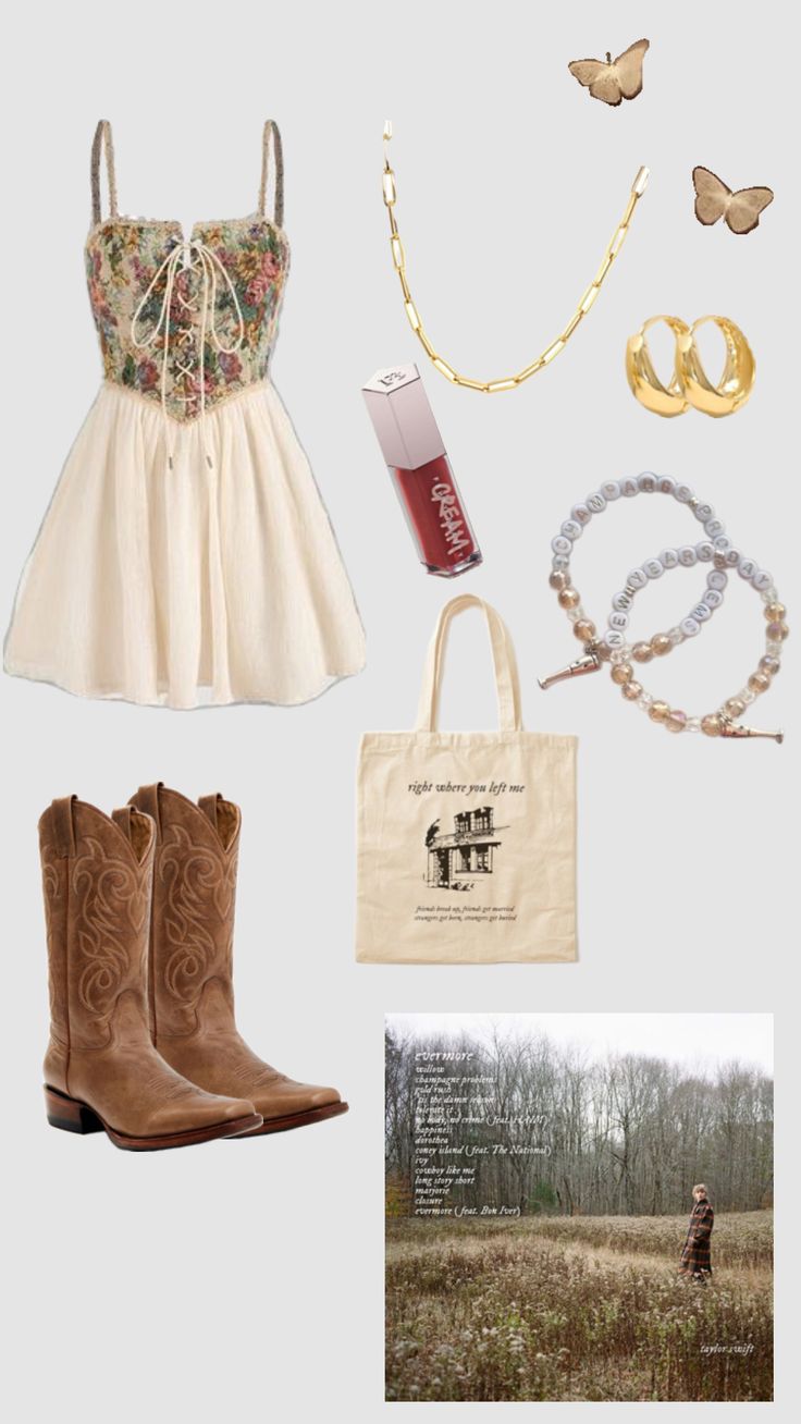 an assortment of clothing and accessories including boots, necklaces, bracelets, and jewelry