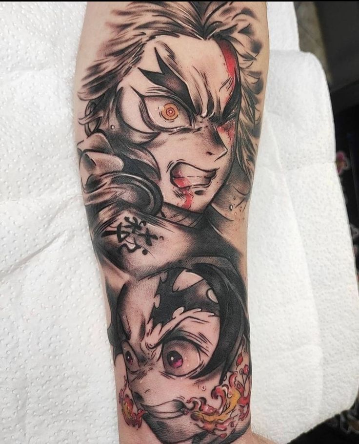 a woman with an evil face on her arm is shown in black and grey ink