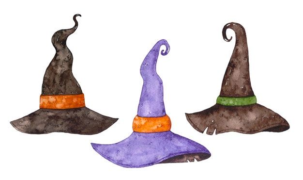 three witches hats painted in watercolor on white paper