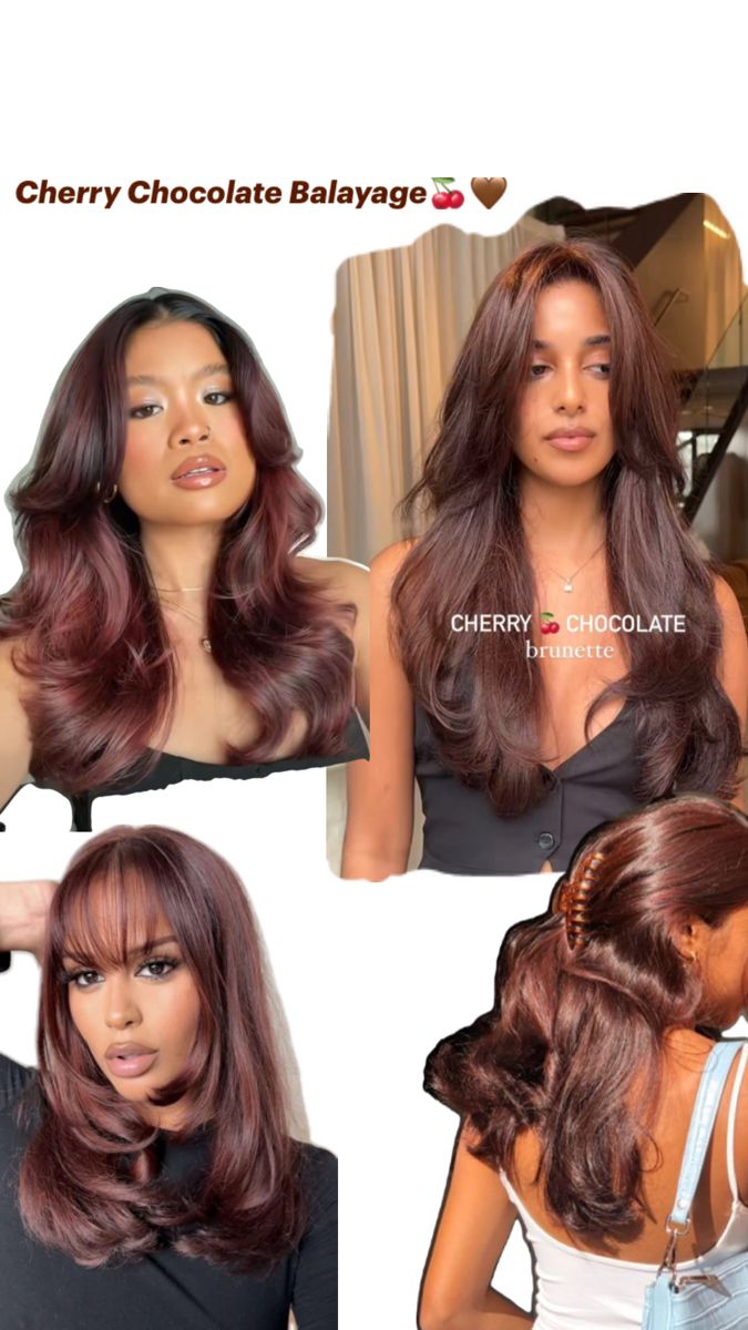 Chocolate Red Hair, Dark Cherry Hair Color, Dark Cherry Hair, Chocolate Brunette Hair, Cherry Cola Hair Color, Chocolate Balayage, Cherry Cola Hair, Red Balayage Hair, Cherry Hair Colors