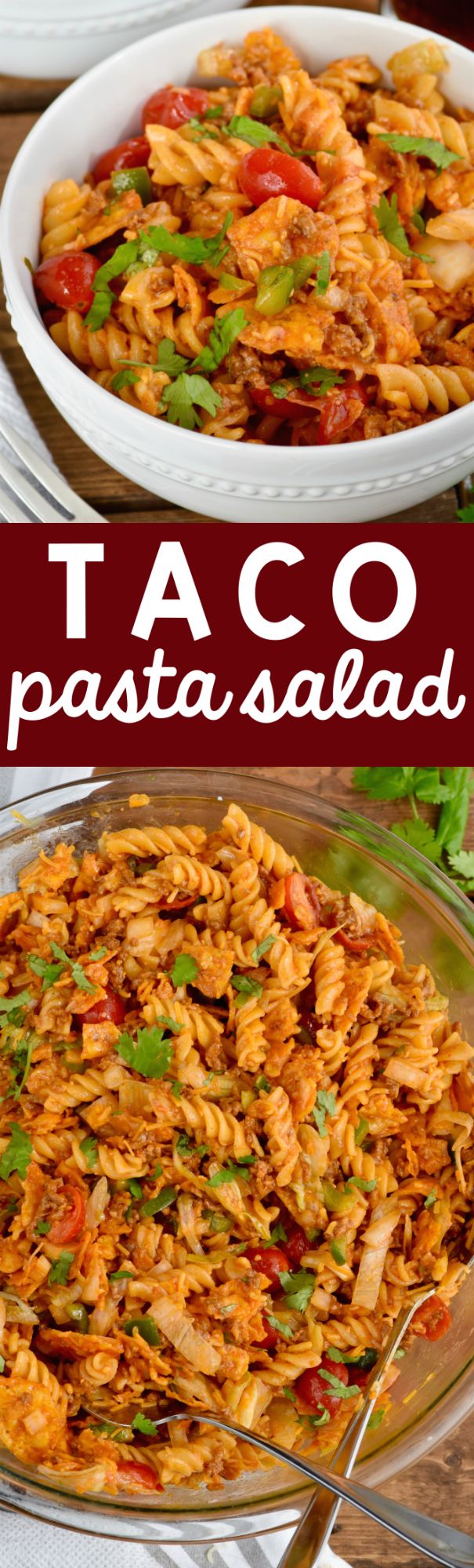 taco pasta salad in a white bowl with the words taco pasta on it