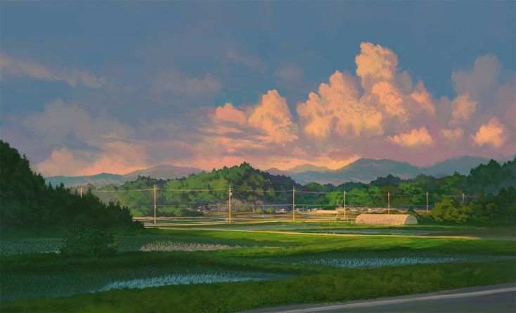 an oil painting of a golf course with mountains in the background and clouds above it