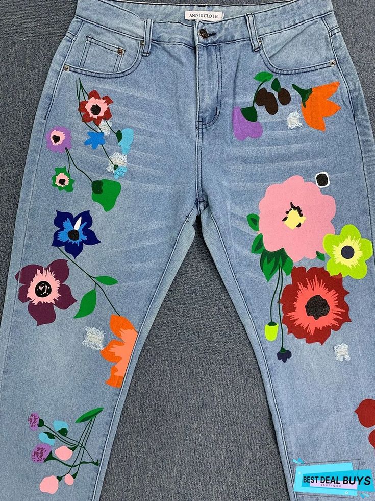 All Season Denim Floral Casual Jeans Floral Print Non-stretch Summer Jeans, Multicolor Denim Jeans With Pockets, Multicolor Mid-rise Denim Jeans, Trendy Denim Jeans With Floral Print, Fall Multicolor Non-stretch Jeans, Trendy Multicolor Spring Jeans, Blue Denim Floral Print Pants, Multicolor Floral Print Jeans For Spring, Blue Floral Print Denim Pants