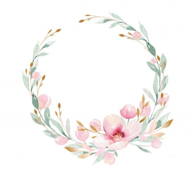 a watercolor wreath with pink flowers and leaves