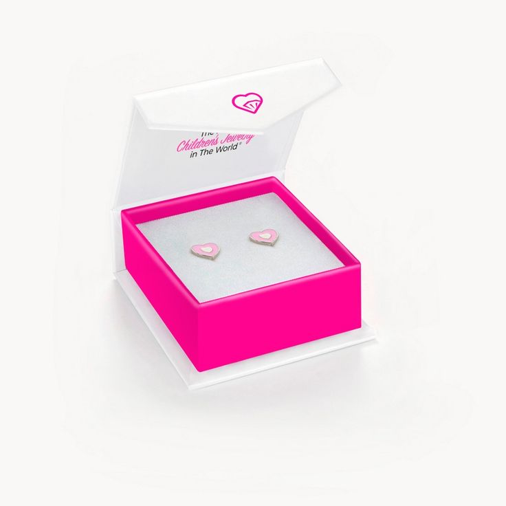 Fall in love with the sweet details of these adorable heart shaped enamel earrings for little girls. A dainty pair of heart push back earrings that are detailed with a light pink enamel. These small heart children's pushback earrings are crafted from 925 sterling silver, a hypoallergenic material for young girls who have sensitive skin. A gift box is included for easier gifting. White Open Heart Earrings For Gift, Gift White Open Heart Earrings, Pink Heart Earrings For Mother's Day Gift, Pink Double Heart Earrings For Mother's Day, Cute Pink Heart Earrings For Mother's Day, Cute Pink Double Heart Earrings, Pink Double Heart Earrings For Gifts, Pink Heart Charm Earrings As Gift, Pink Open Heart Earrings Gift