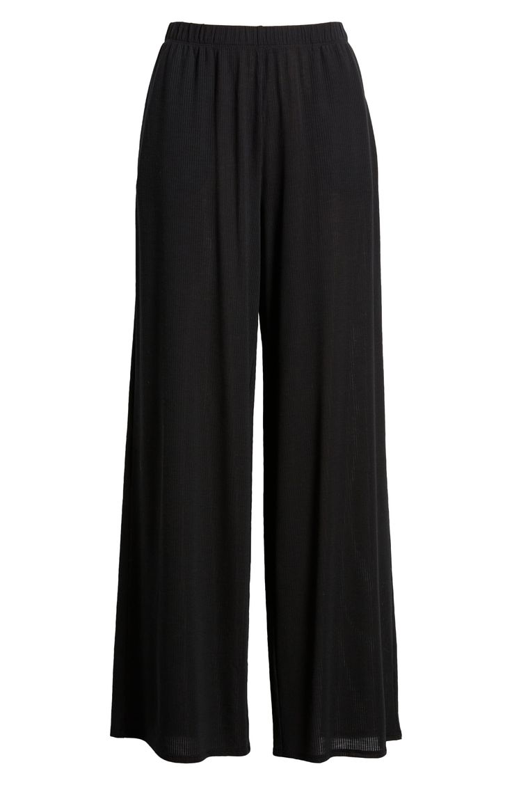 Whisper light and stretchy, these finely ribbed pants with a flowy, wide-leg silhouette are a dreamy soft addition to your bedtime routine. 30" inseam; 26" leg opening; 13" front rise; 13" back rise (size medium) Elastic waist 59% polyester, 32% viscose, 9% spandex Machine wash, tumble dry Imported Stretch Wide Leg Lounging Pants, Comfort Stretch Wide Leg Lounge Pants, Wide Leg Comfort Stretch Pants For Lounging, Comfort Stretch Wide Leg Pants For Lounging, Stretch Wide Leg Pants For Lounging, Comfortable Stretch Wide Leg Pants, Stretch Wide Leg Pants For Relaxation, Solid Straight Leg Harem Pants For Loungewear, Wide Leg Stretch Bottoms For Relaxation