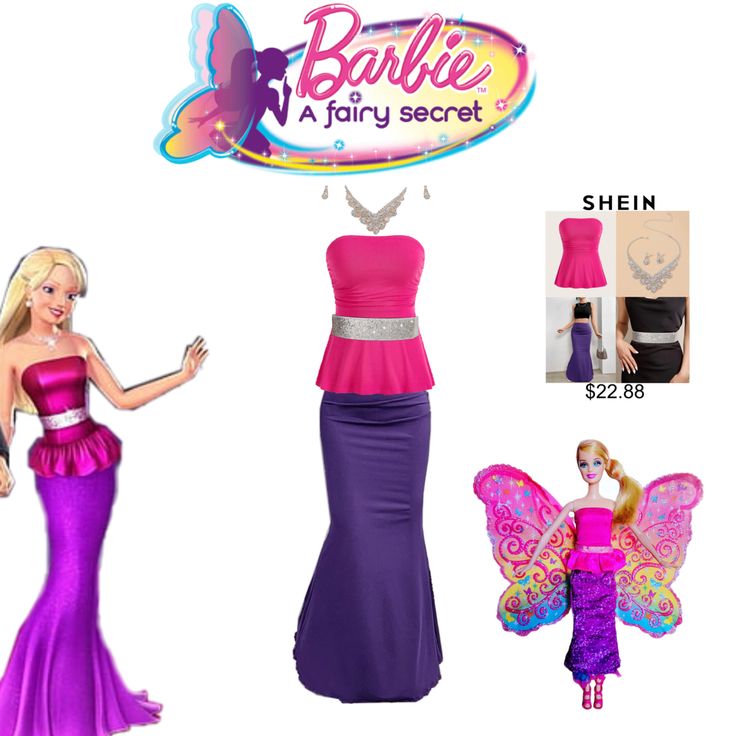 the barbie doll is wearing a purple and pink dress with butterfly wings on it's chest