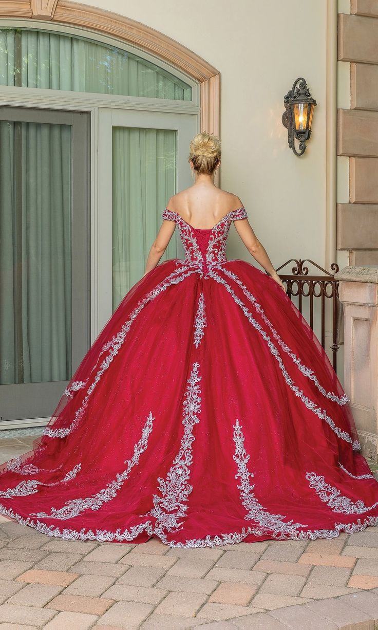 Burgundy red quinceanera ball gown with sweetheart neckline and off the shoulder straps. Swirl Embroidery, Embroidery Corset, Whimsical Embroidery, Ballgown Skirt, Dress With Corset, Quince Dress, Off Shoulder Gown, Layered Fabric, Alyce Paris