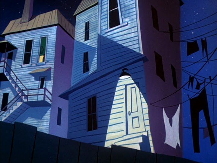 an animated image of some houses in the night