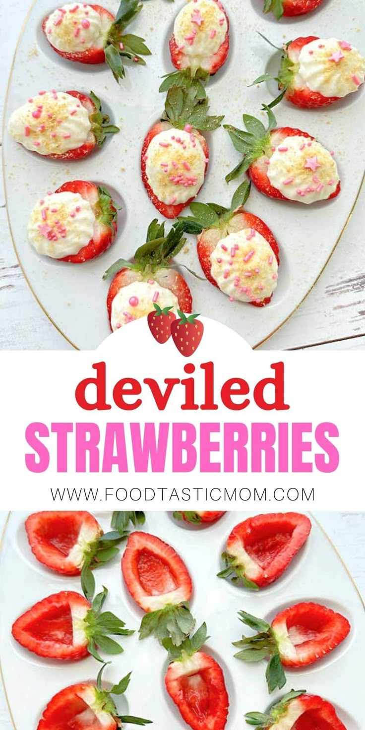 strawberries are arranged on a white plate with the words deviled strawberries above them