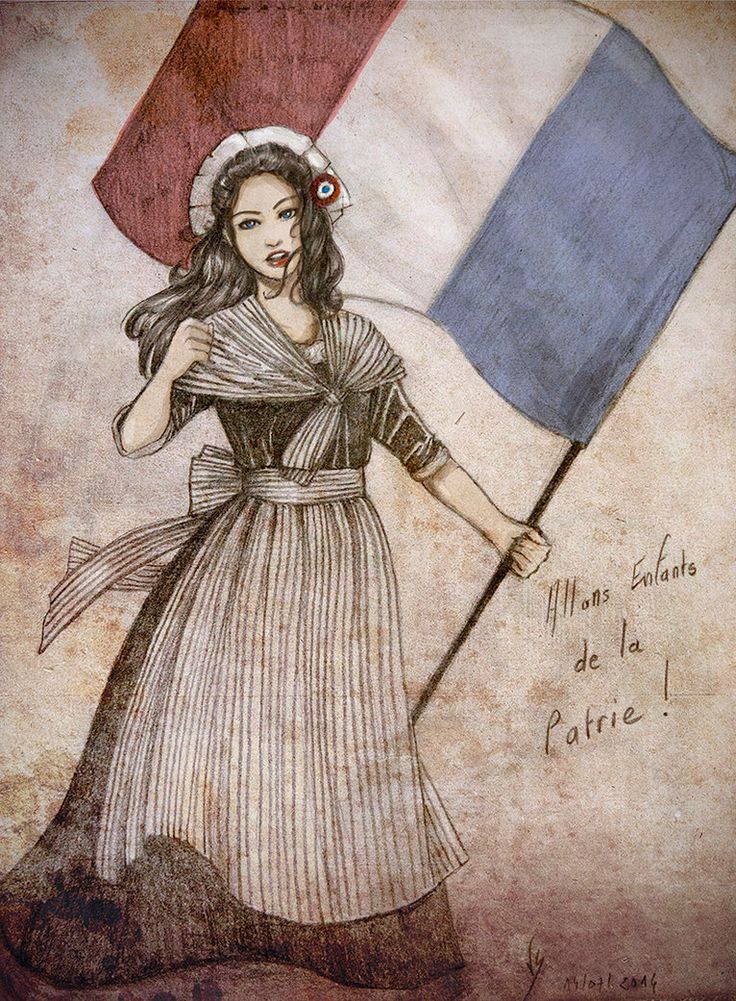 a drawing of a woman holding a flag