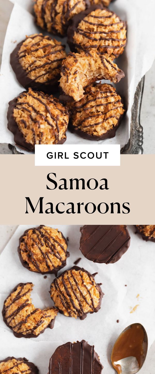 chocolate covered cookies with caramel drizzled on top and the words girl scout