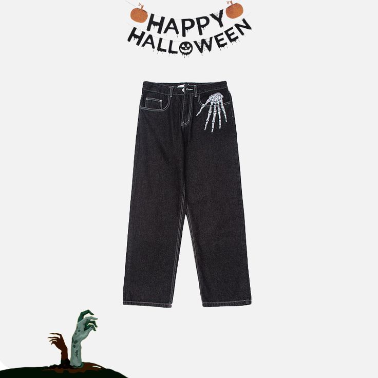 Get ready for Halloween with these stylish mid-waist denim trousers! They come with a zipper fly and feature a unique embroidery of a skeleton hand, adding a spooky twist to your wardrobe. DETAILSMaterial: DenimClosure Type: Zipper flyWaist Type: MID Get Ready For Halloween, Embroidery Denim, Unique Embroidery, Ready For Halloween, A Skeleton, Skeleton Hand, Skeleton Hands, Denim Trousers, Denim Pants