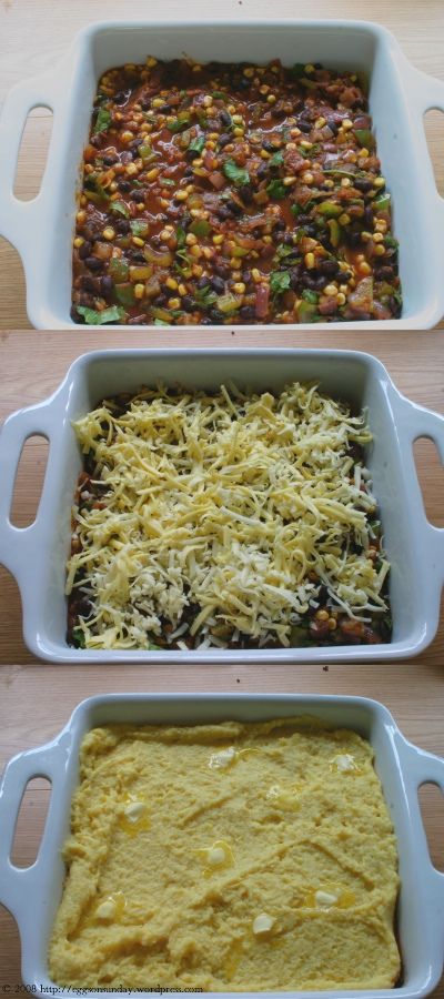 three casserole dishes with different toppings in them on a wooden table top