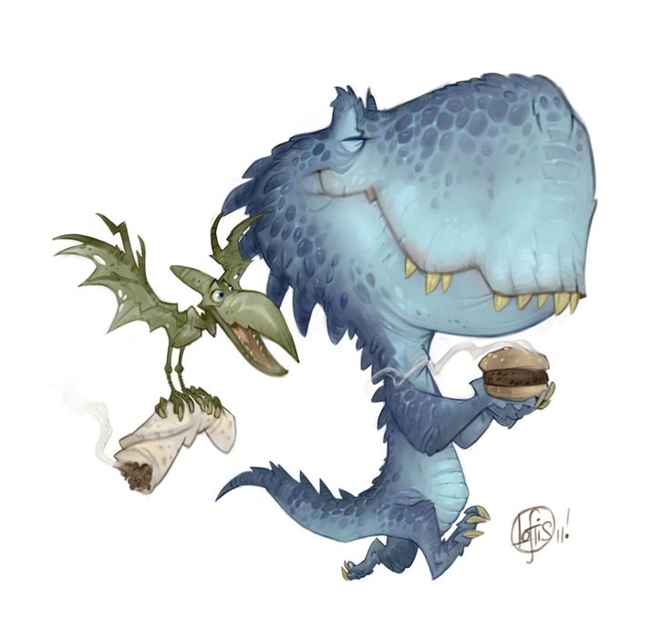 a drawing of a blue dragon with a sandwich in it's hand and another creature holding a piece of bread