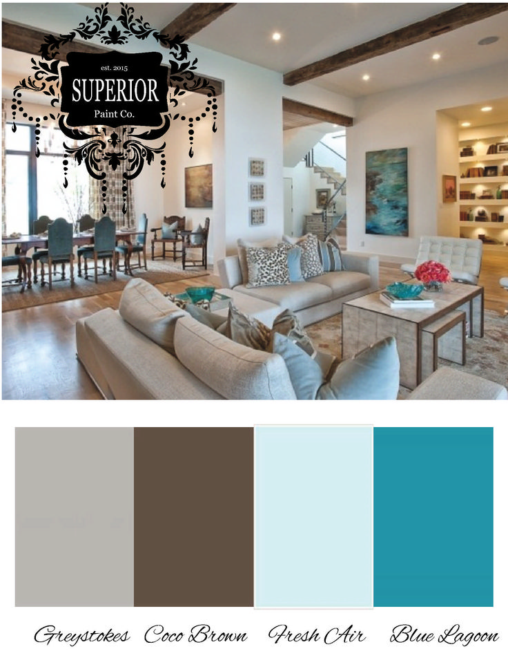 a living room filled with lots of furniture and decorating items in shades of blue, brown