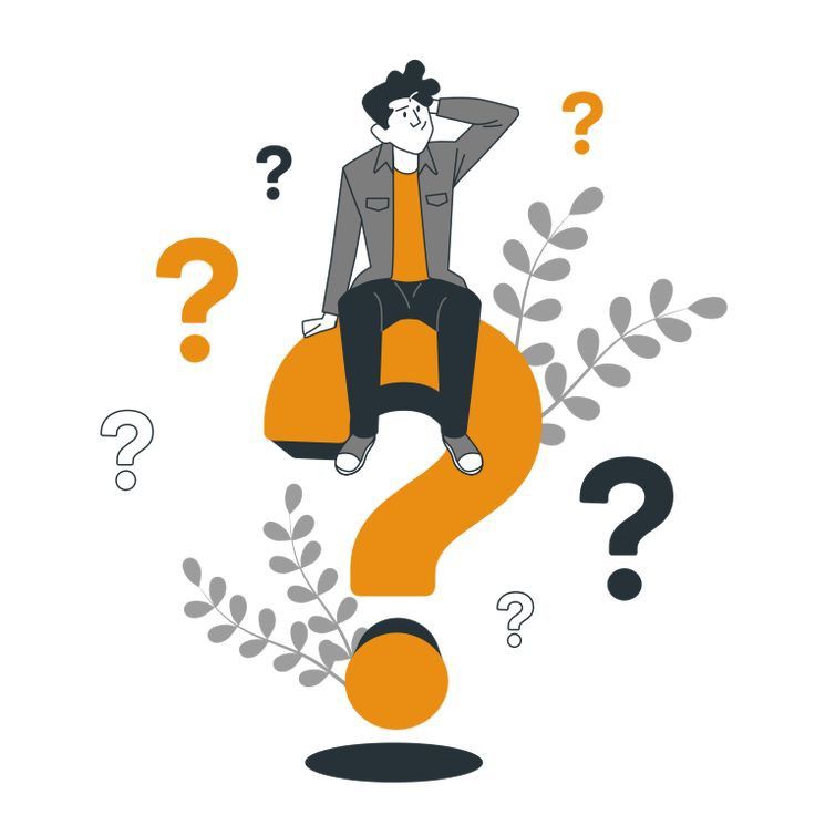 a man sitting on top of an orange object with question marks around him and plants growing out of it